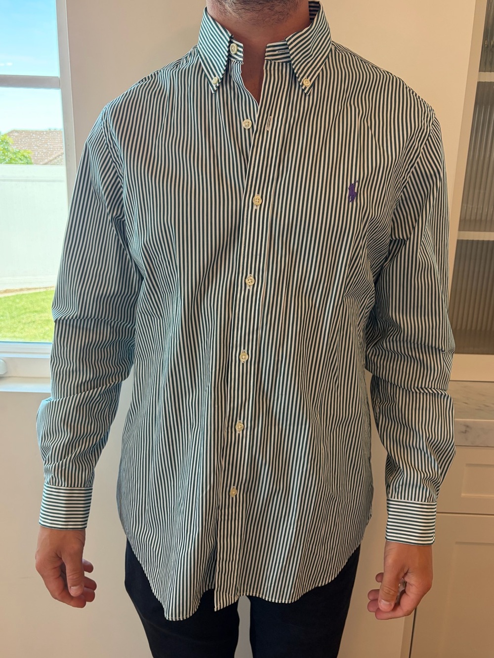 Ralph Lauren Green and White Striped Button-Down Shirt